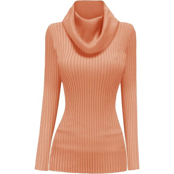 Women’s Tan Cowl Neck Stretchable Knit Long Sleeve Bodycon Fit Slim Sexy Sweater - Picture 4 of 5